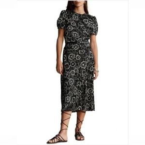 New Polo Ralph Lauren Floral Satin A-Line Midi Dress 0 Black